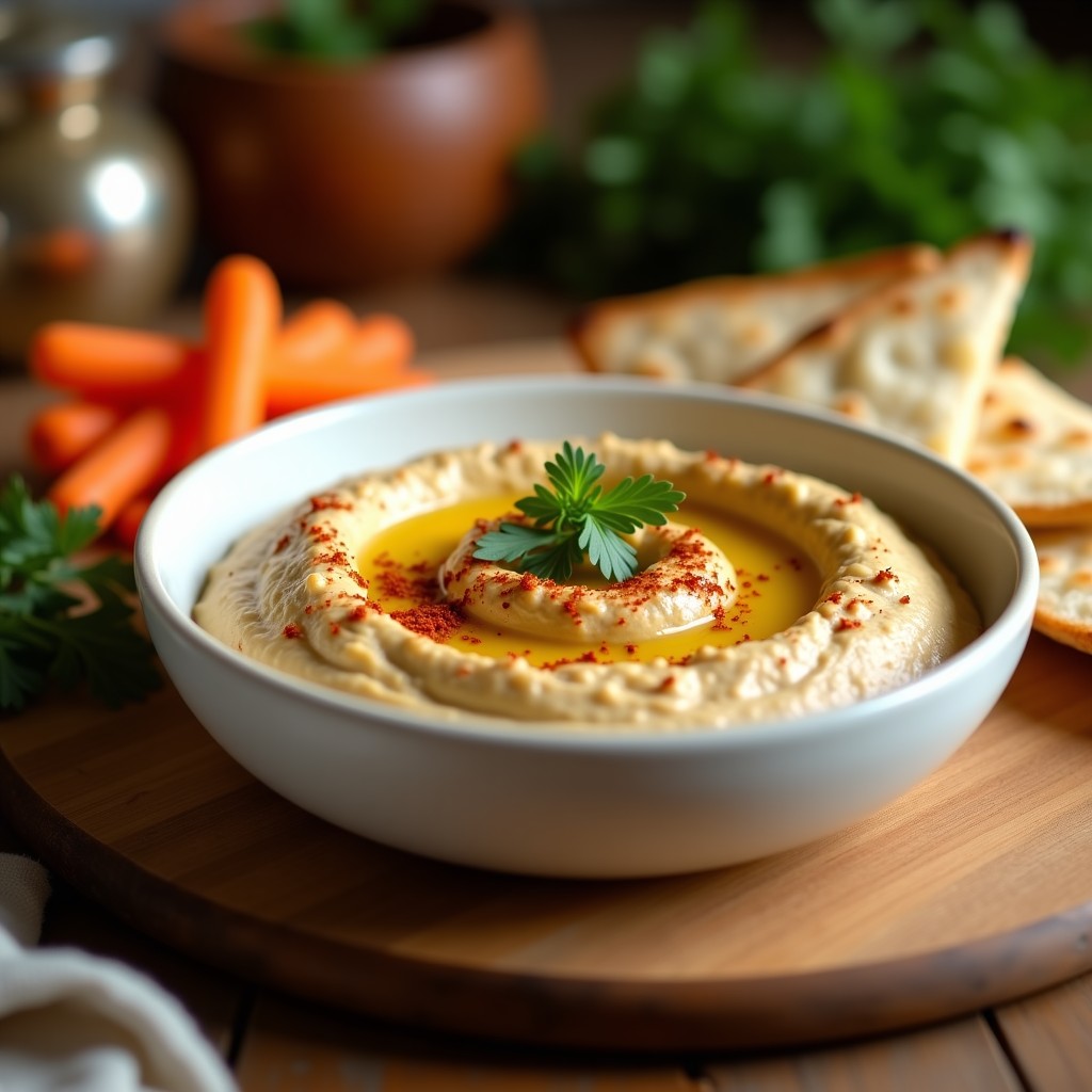 Bol de cerámica blanca con hummus moruno de berenjena ahumada, decorado con aceite de oliva, pimentón de la Vera y perejil fresco, acompañado de pan de pita tostado y bastones de zanahoria.