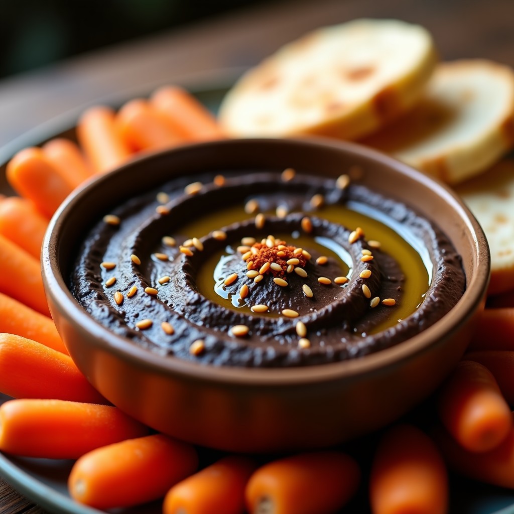 Bol de hummus negro cremoso con ajo carbonizado, espolvoreado con semillas de sésamo y pimentón ahumado, acompañado de pan de pita y zanahorias en rodajas.