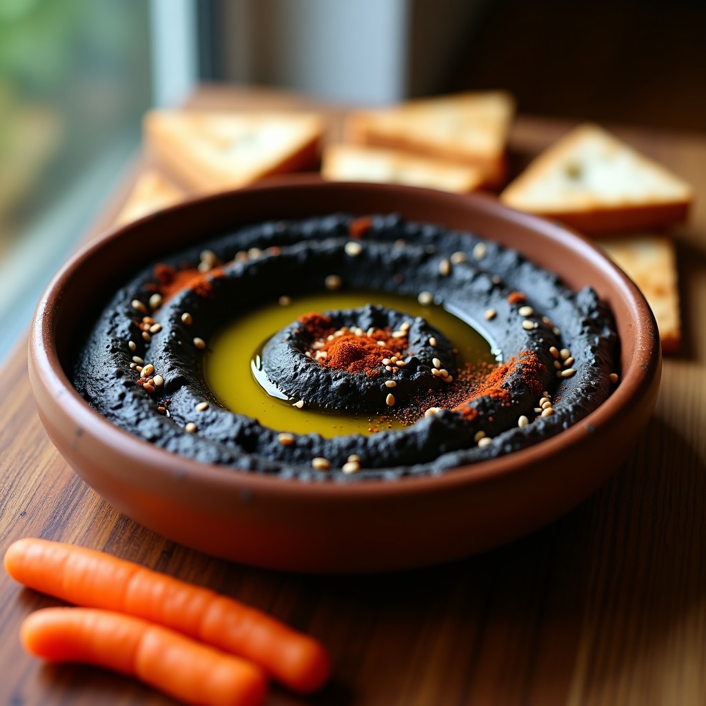 Bol de hummus negro con ajo carbonizado en Thermomix, decorado con aceite de oliva, pimentón ahumado y semillas de sésamo, acompañado de pan de pita y zanahorias.
