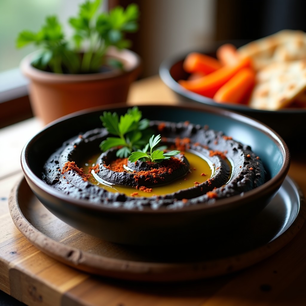 Bol de cerámica negra con hummus negro de ajo y tahini, decorado con perejil fresco, pimentón ahumado y un chorrito de aceite de oliva. Acompañado de pan de pita tostado y zanahorias en bastones. Receta en airfryer con toque ahumado.