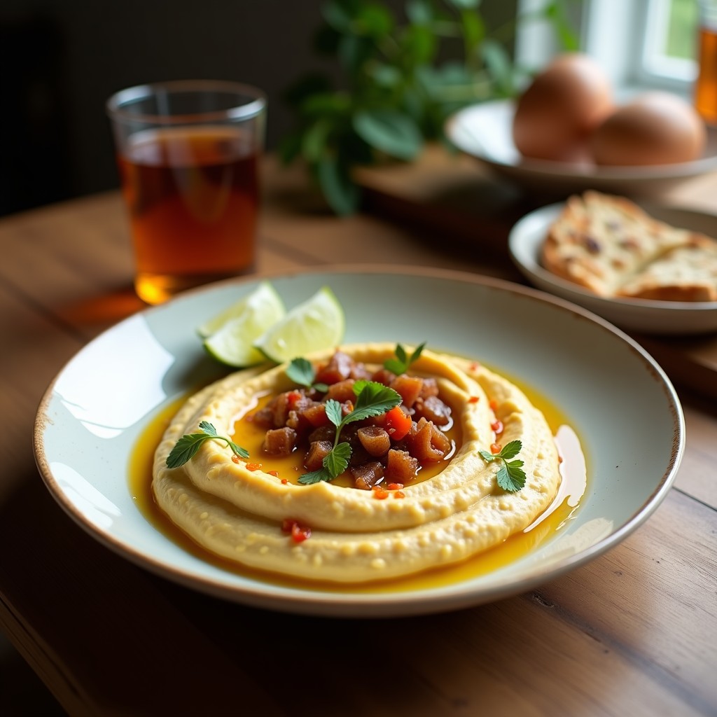 Bol de cerámica negra con hummus negro cremoso, decorado con perejil fresco, semillas de sésamo y un hilo de aceite de trufa. Acompañado de pan de pita tostado y zanahorias baby. Receta de hummus negro con ajo y trufa en airfryer.