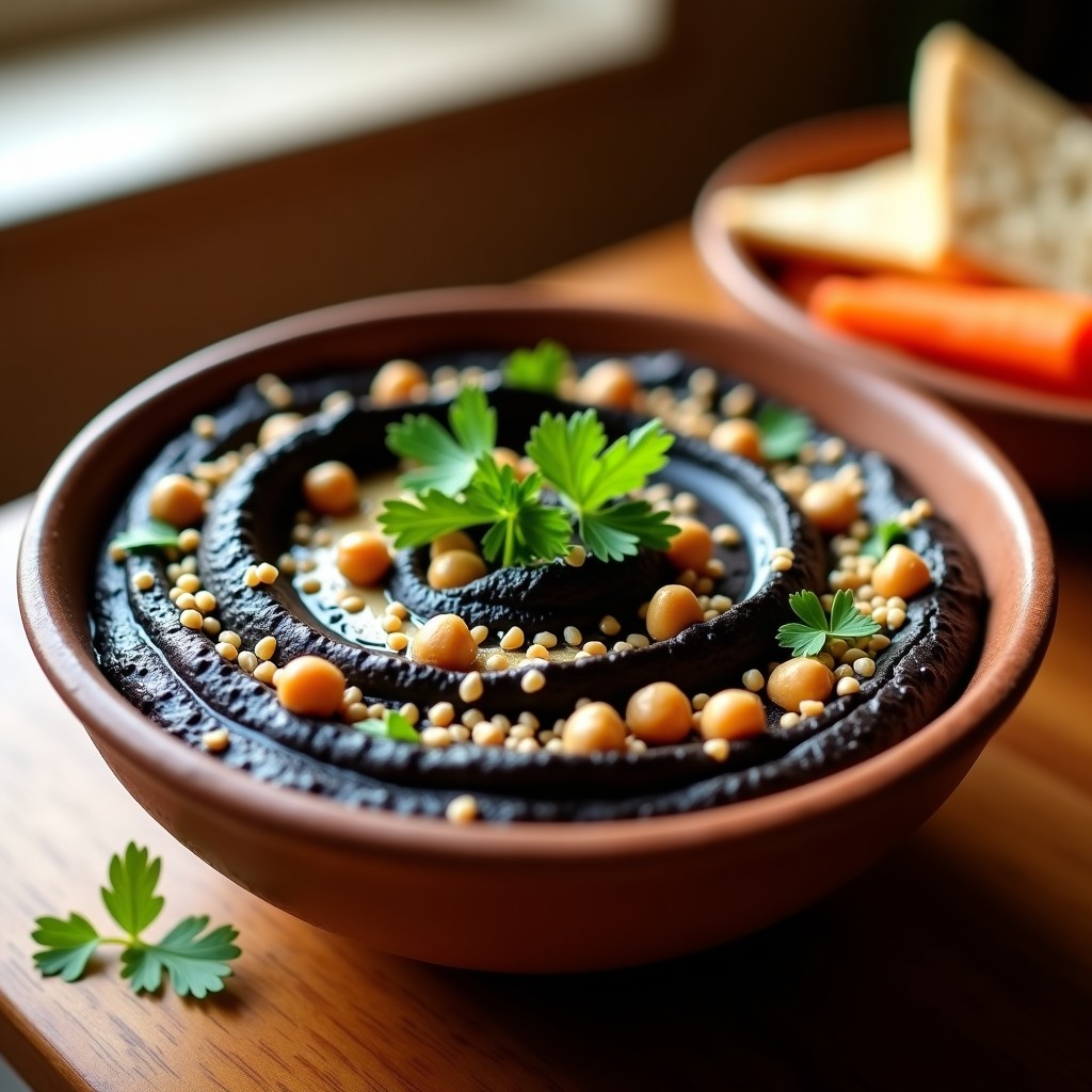 Bol de hummus negro cremoso con textura sedosa, decorado con semillas de sésamo, perejil picado y garbanzos enteros, acompañado de pan de pita y zanahorias crudas. Receta de hummus negro de berenjena ahumada en airfryer.
