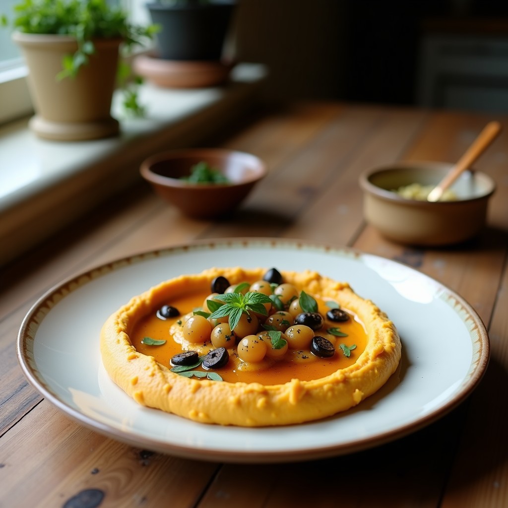Bol de cerámica negra con hummus negro de berenjena ahumada, decorado con garbanzos, perejil fresco, pimentón ahumado y un hilo de aceite de oliva virgen extra. Acompañado de pan de pita integral y rodajas de zanahoria.