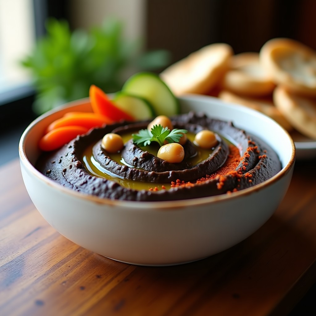 Bol de cerámica blanca con hummus negro de berenjena ahumada, decorado con garbanzos, perejil, aceite de oliva y pimentón ahumado, acompañado de pan de pita y crudités.