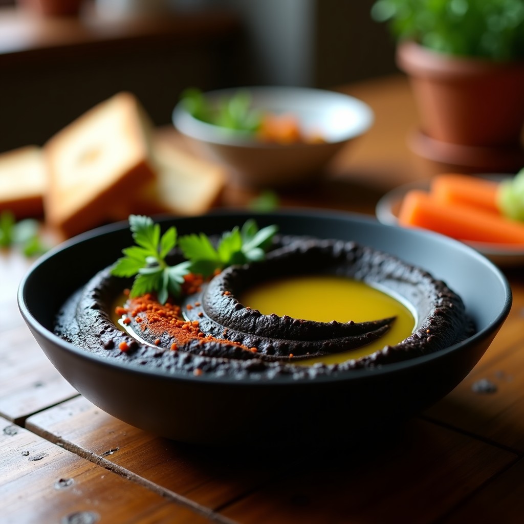 Plato hondo de cerámica negra con hummus negro cremoso, decorado con aceite de oliva virgen extra, pimentón ahumado y perejil fresco. Acompañado de pan de pita tostado y bastones de zanahoria y apio.