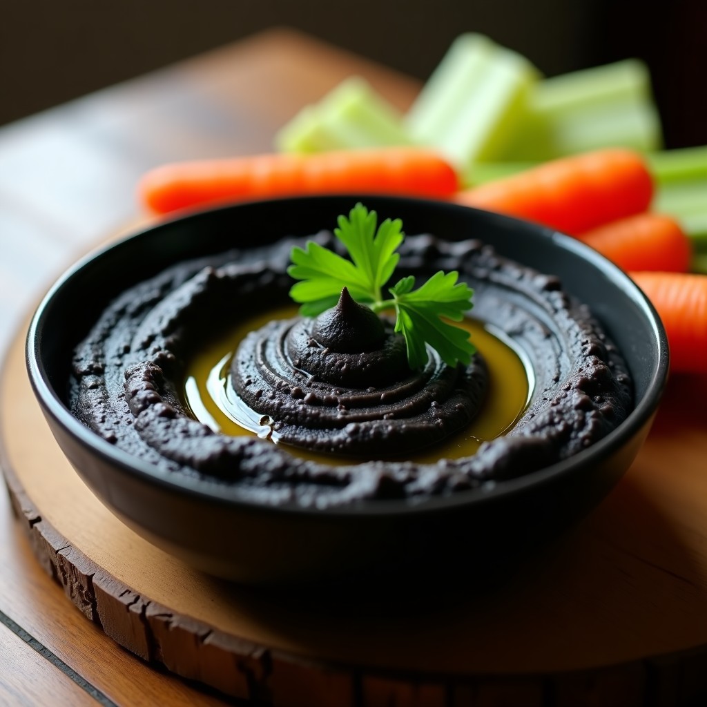 Bol de cerámica negra con hummus negro cremoso, decorado con perejil fresco y un hilo de aceite de oliva virgen extra, acompañado de bastones de zanahoria y apio. Receta de hummus negro con garbanzos activados y tahini.