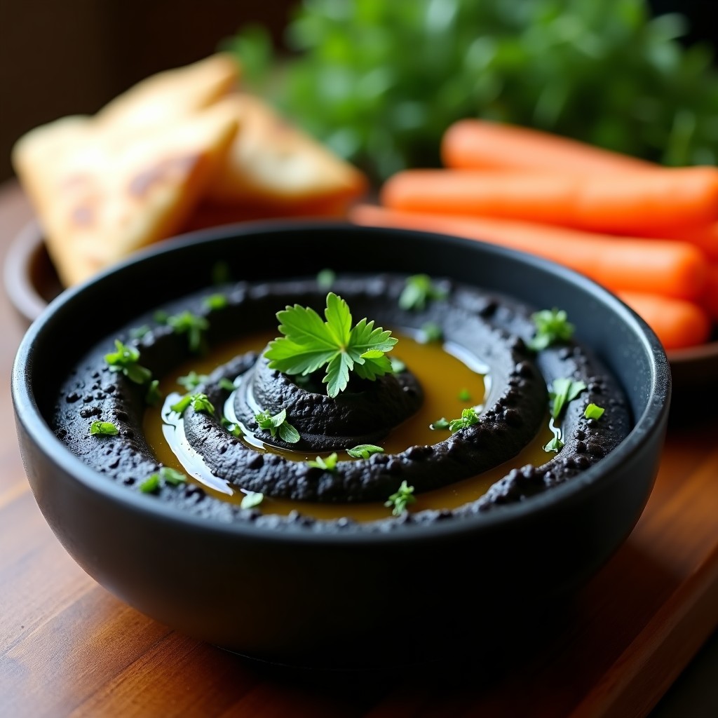 Bol de hummus negro cremoso con ajo negro, decorado con aceite de oliva y perejil fresco, acompañado de pan de pita tostado y bastones de zanahoria.
