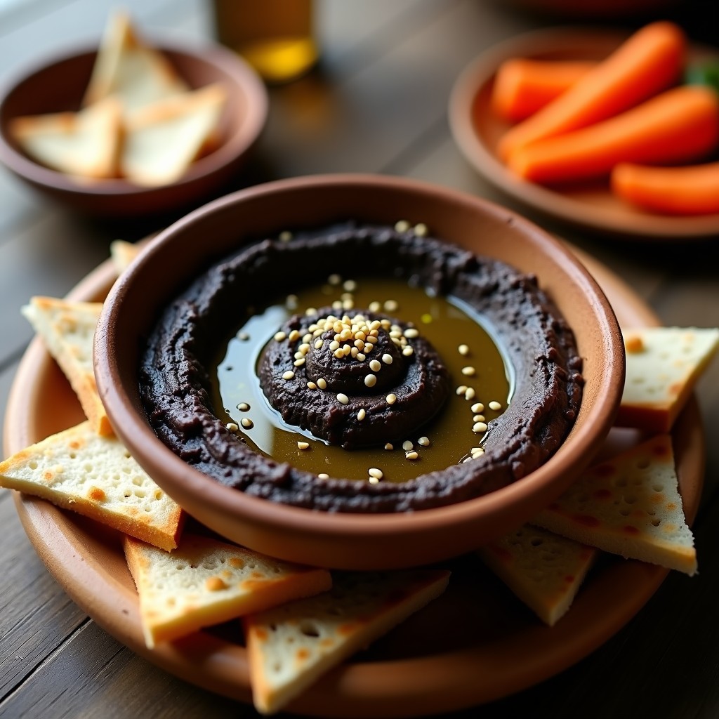 Bol de hummus negro trufado con textura cremosa, decorado con hilo de aceite de trufa y semillas de sésamo, acompañado de pan de pita y bastones de zanahoria.