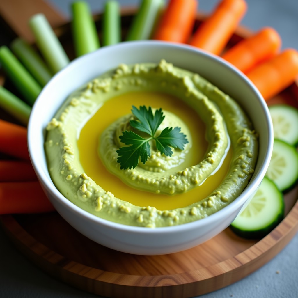 Bol de cerámica blanco con hummus de aguacate cremoso, decorado con hilo de aceite de oliva y cilantro fresco. Acompañado de bastones de zanahoria y apio sobre tabla de madera rústica.