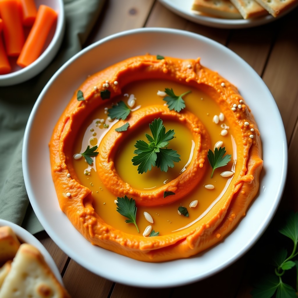 Bol de cerámica blanca con hummus de pimiento asado ahumado, cremoso y de color naranja intenso, decorado con perejil fresco y semillas de sésamo, acompañado de pan de pita tostado y zanahorias crudas.