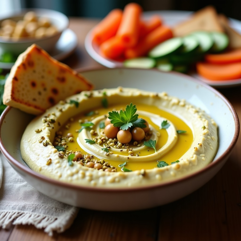 Bol de cerámica blanca con hummus de pistacho trufado cremoso, decorado con garbanzos enteros, virutas de pistacho, perejil picado y un hilo de aceite de trufa, acompañado de pan pita y zanahorias crudas.
