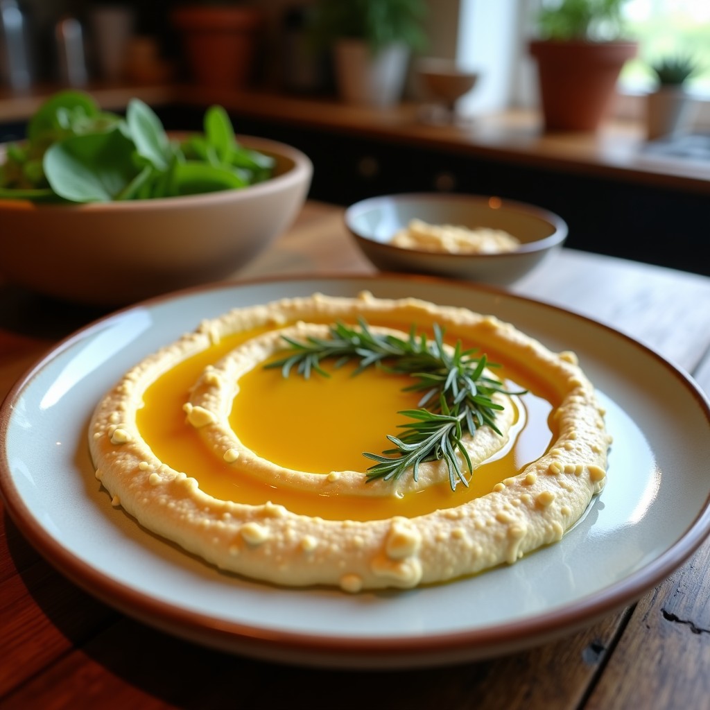 Hummus de remolacha asada cremoso en un tazón con verduras crudas y pan pita, receta vegana fácil y saludable