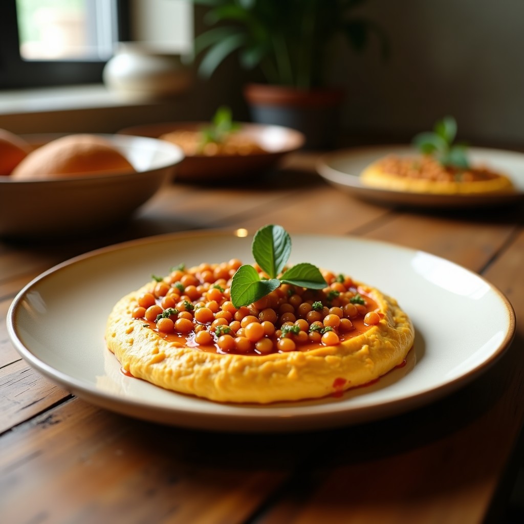Hummus de remolacha asada vegana con garbanzos crujientes y pimentón, servido en un tazón de cerámica con verduras crudas al lado