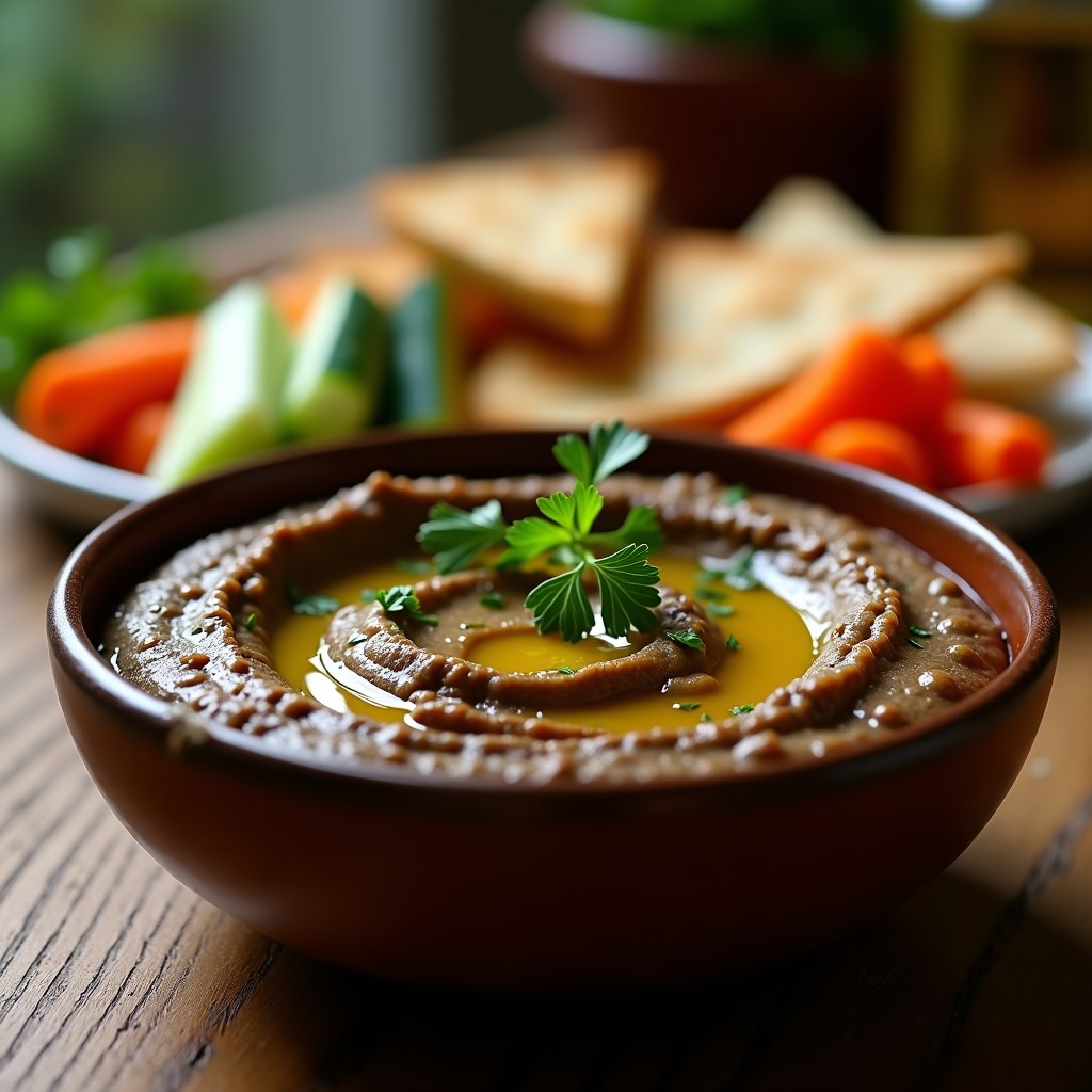 Bol de hummus cremoso de color marrón oscuro con vetas de aceite de oliva y perejil fresco, rodeado de bastones de zanahoria y pan de pita tostado.
