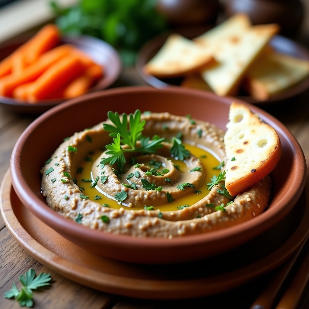 Bol de barro rústico con hummus de berenjena ahumada cremoso, decorado con perejil picado, semillas de sésamo y un hilo de aceite de oliva. Acompañado de pan de pita tostado y bastones de zanahoria, sobre una mesa de madera.