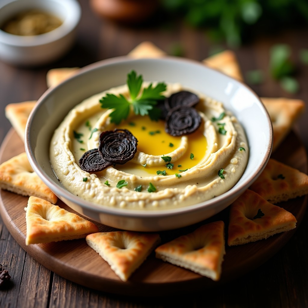 Bol hondo de cerámica blanca con hummus de trufa negra cremoso, decorado con láminas de trufa, perejil fresco y un hilo de aceite de oliva. Acompañado de triángulos de pan de pita dorados y crujientes sobre una tabla de madera rústica.