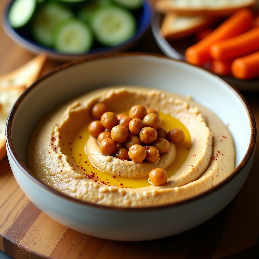 Bol de cerámica blanca con hummus trufado ahumado cremoso, decorado con garbanzos tostados, hilo de aceite de trufa y pimentón ahumado, acompañado de pan de pita y zanahorias baby.