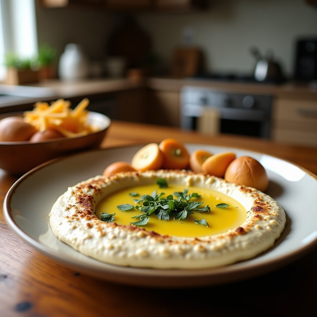 Bol de cerámica blanca con hummus trufado ultracremoso, decorado con aceite de oliva trufado, pimentón dulce y perejil fresco. Acompañado de pan de pita tostado y zanahorias crudas en rodajas.