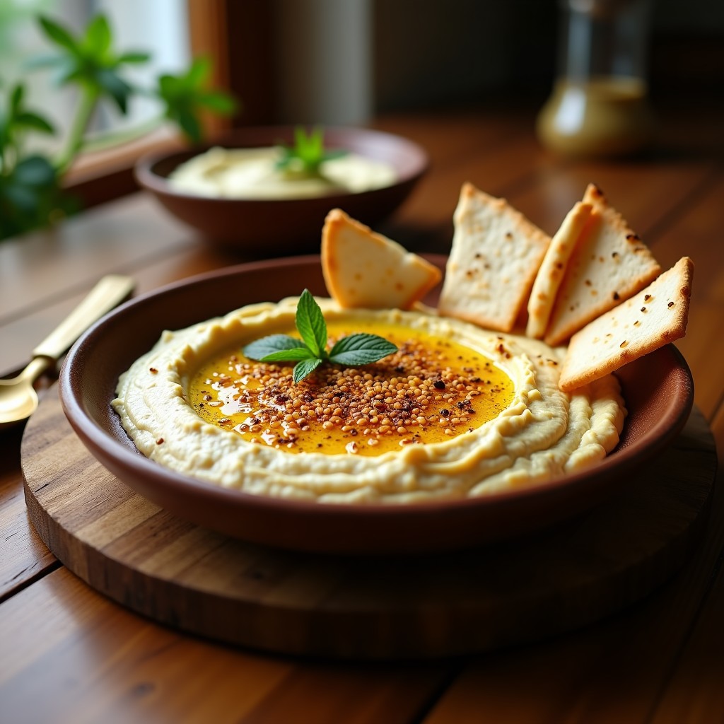 Bandeja rectangular con hummus cremoso cubierto de zaatar dorado y semillas de sésamo, acompañado de triángulos de pan de pita crujientes, receta airfryer.