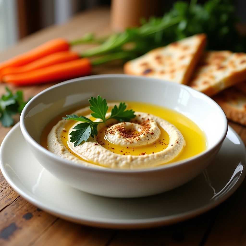 Bowl de cerámica blanca con hummus de zaatar cremoso, decorado con zaatar espolvoreado, aceite de oliva virgen extra y perejil fresco. Acompañado de pan de pita tostado y bastones de zanahoria, receta airfryer sin remojo.