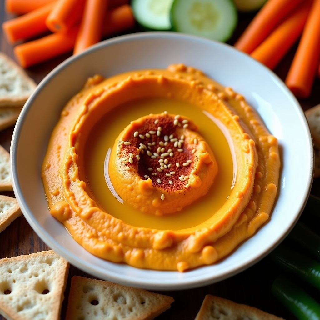 Bol de cerámica blanca con hummus de zanahoria ahumada ultracremoso, decorado con pimentón ahumado, semillas de sésamo y un hilo de aceite de oliva, acompañado de bastones de zanahoria y pan de pita tostado.