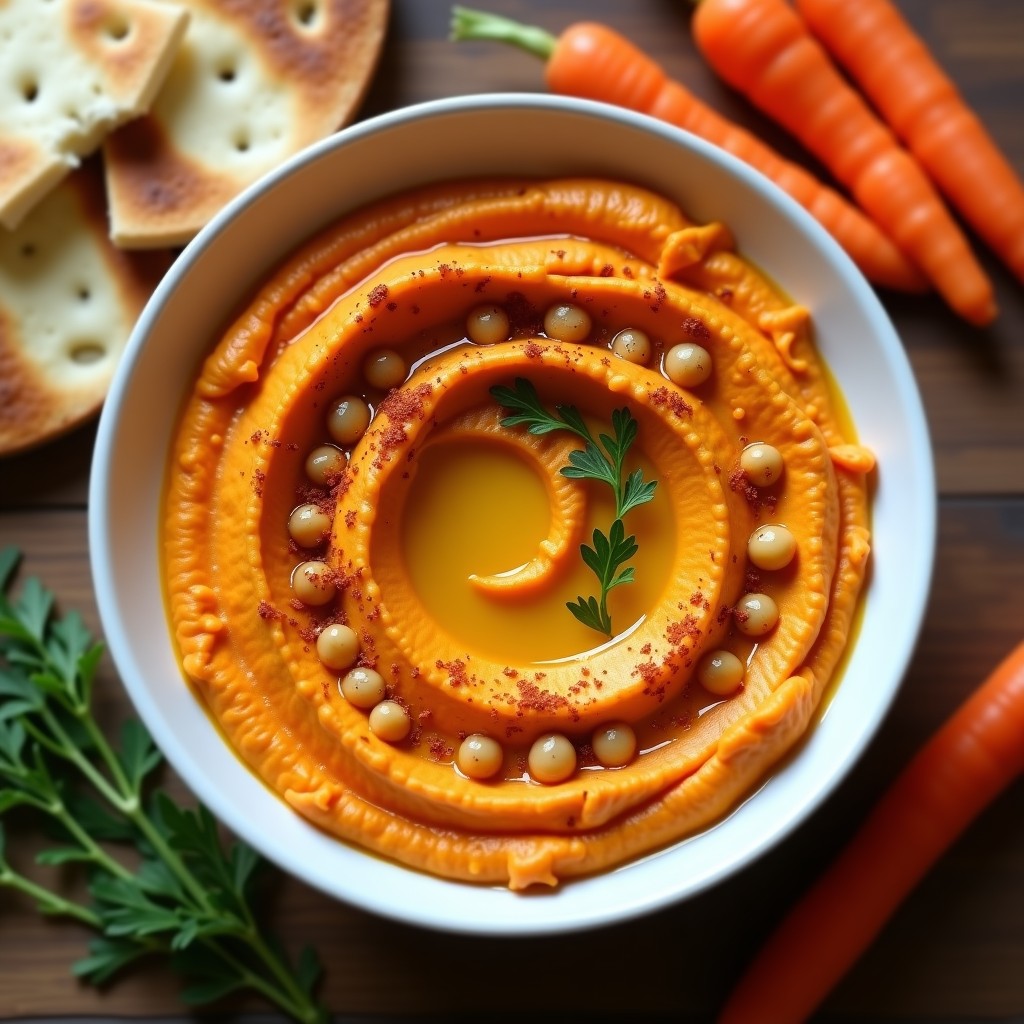 Bol de cerámica blanco con hummus de zanahoria asada ahumada, decorado con garbanzos, aceite de oliva y pimentón ahumado, acompañado de pan de pita y zanahorias crudas.