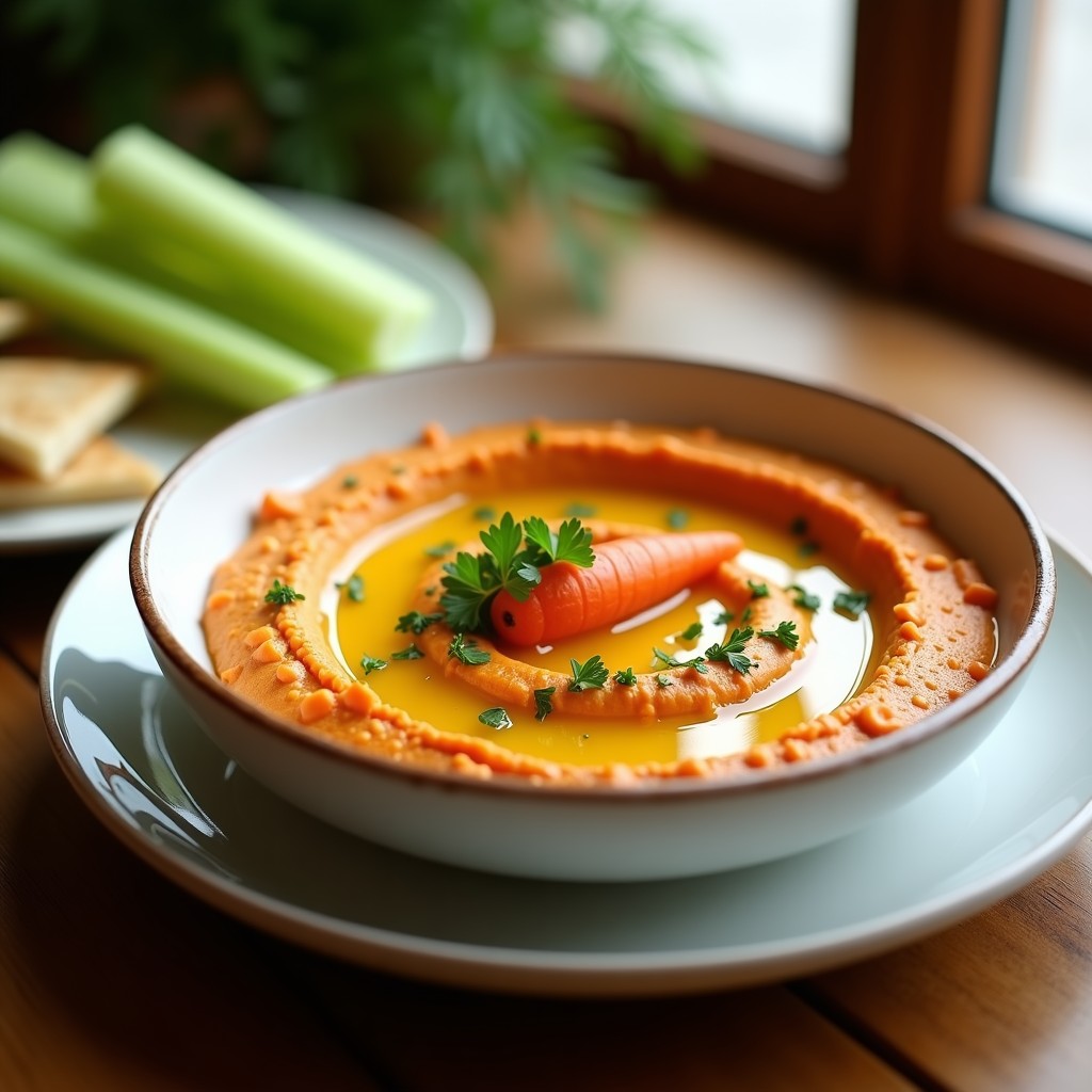 Bowl de cerámica blanca con hummus de zanahoria asada en airfryer, cremoso y decorado con perejil fresco, aceite de oliva y una rodaja de zanahoria asada. Acompañado de pan de pita tostado y bastones de apio.