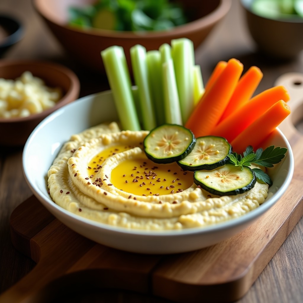 Bol de cerámica blanca con hummus de zucchini asado y tahini keto, cremoso y dorado, decorado con rodajas de calabacín asado, semillas de sésamo tostadas y un hilo de aceite de oliva. Acompañado de bastones de apio y zanahoria crudos sobre una tabla de madera rústica.