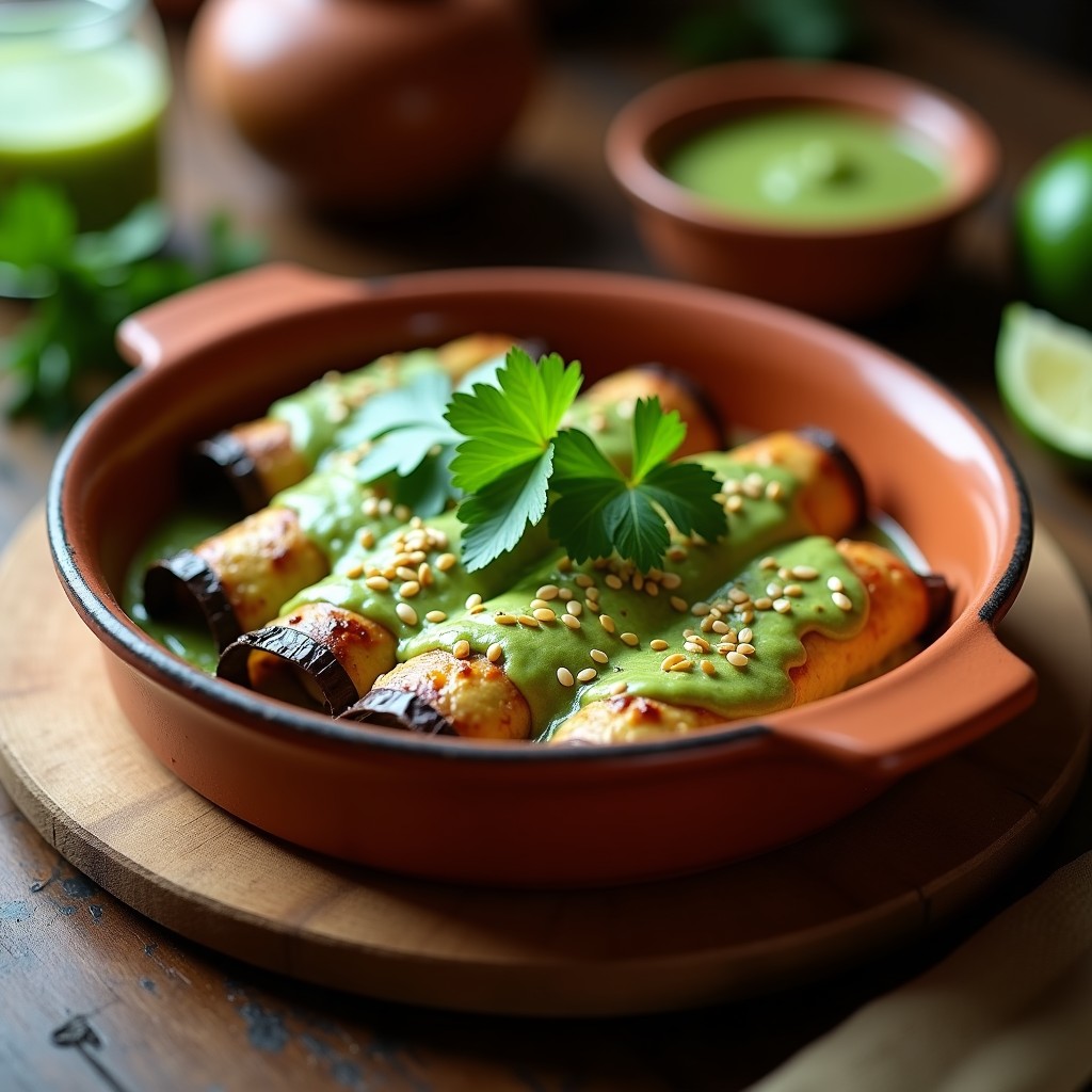 Fuente de barro con inchiladas de berenjena y queso de cabra veganas, bañadas en salsa verde cremosa, decoradas con semillas de sésamo y hojas de cilantro fresco sobre un fondo rústico de madera.