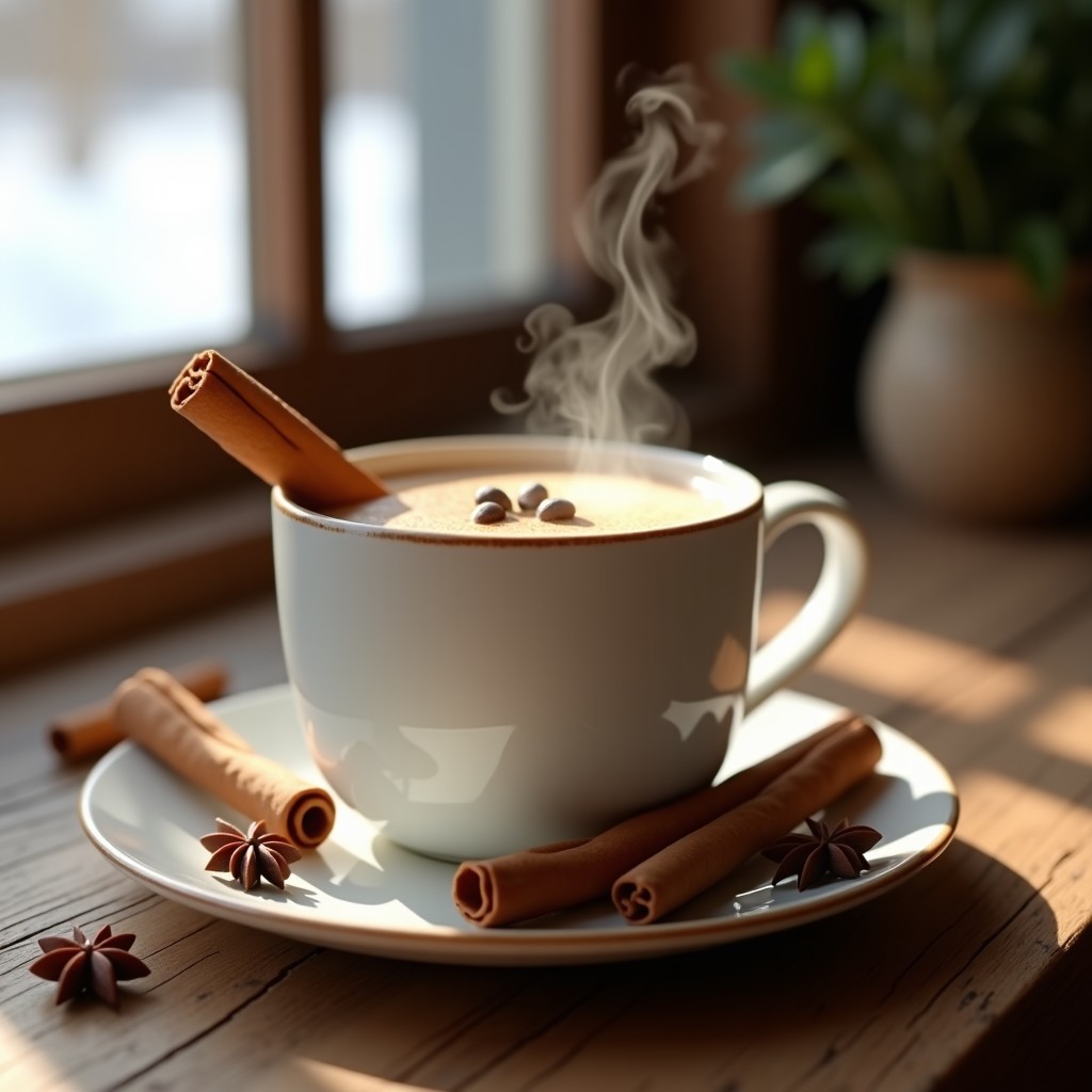 Taza de cerámica blanca humeante con infusión de canela y clavo con leche de avena, decorada con una rama de canela y rodajas de naranja secada, sobre una mesa de madera rústica con especias esparcidas al fondo.