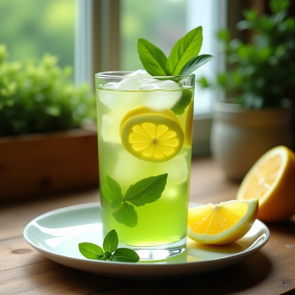 Vaso alto transparente con infusión helada de té verde, rodajas de limón amarillo, hojas de albahaca fresca y hielo brillante, sobre una mesa de madera con fondo de luz natural de verano.