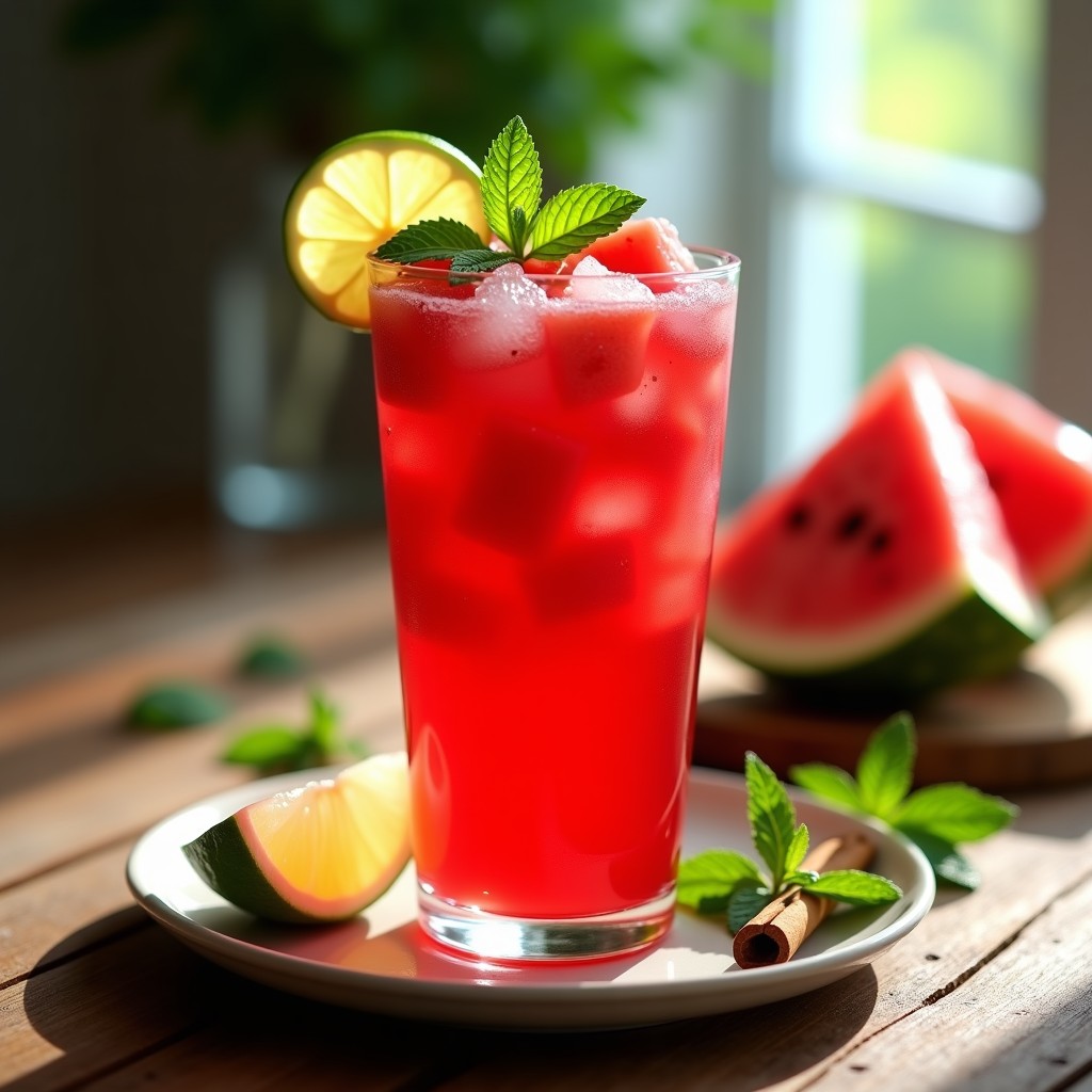 Vaso alto transparente con infusión fría de hibisco y jamaica de color rojo intenso, trozos de sandía fresca flotando, hielo cristalino y hojas de menta como decoración, servido en una mesa rústica con luz natural de verano.