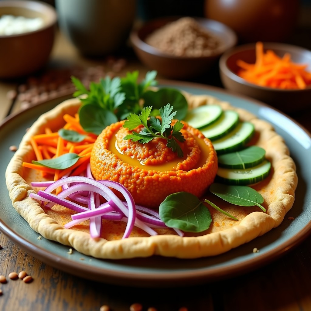 Plato tradicional etíope con injera de teff esponjosa y dorada, hummus de lentejas rojas cremoso, vegetales asados y frescos como zanahoria, pimiento y pepino, decorado con menta fresca y aceite de oliva, receta vegana y sin gluten.