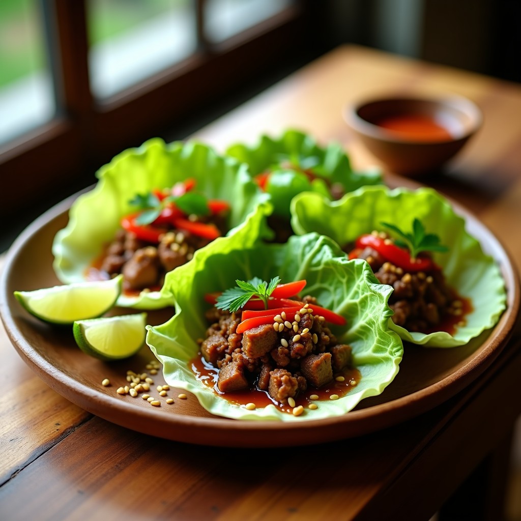Plato de einvoltorios de lechuga romana rellenos de carne de res salteada con salsa de tamarindo, decorados con semillas de sésamo, cilantro fresco y rodajas de limón. Receta keto baja en carbohidratos.