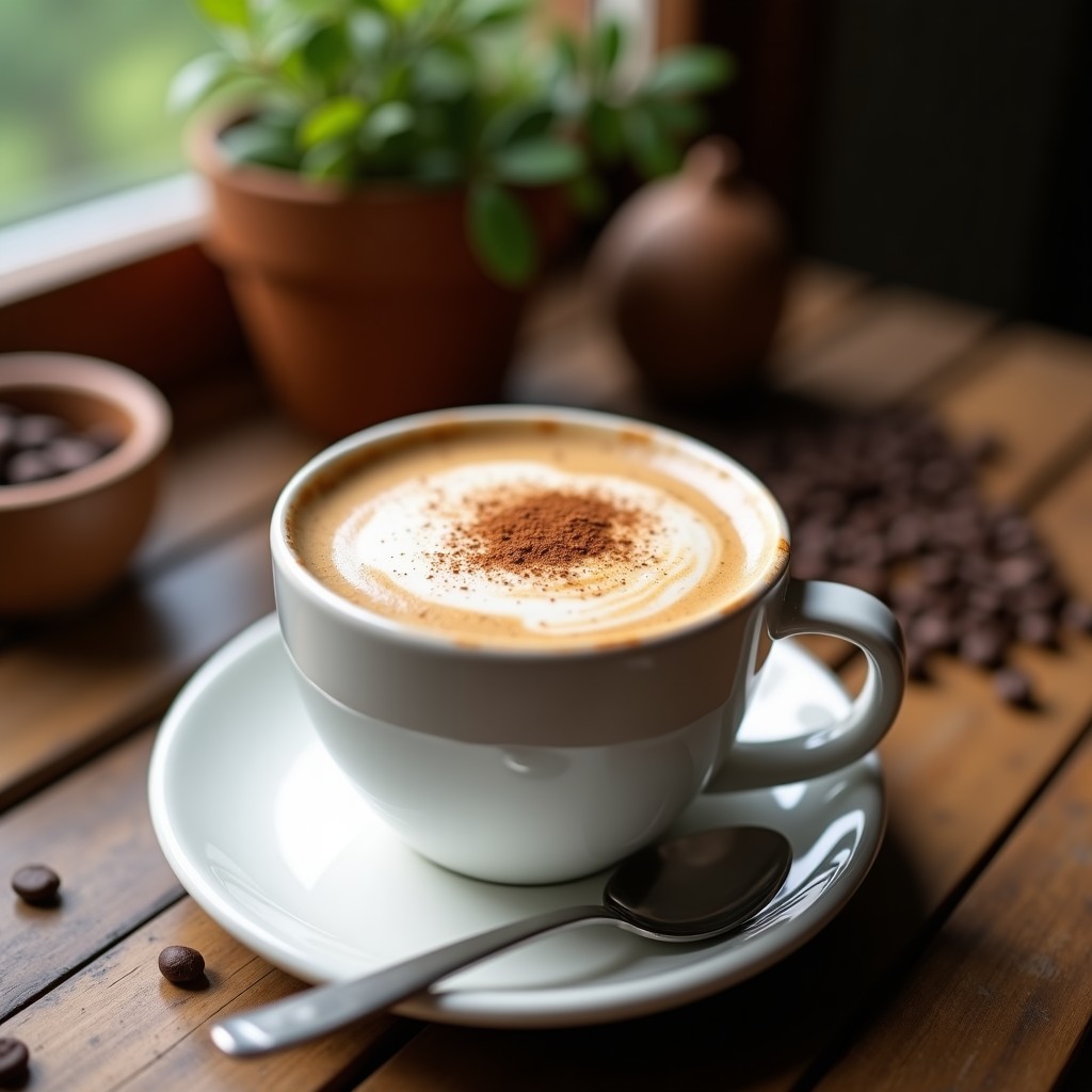 Taza de cerámica blanca con Jet Fuel Latte con hongos adaptógenos, espuma cremosa de leche de almendras, espolvoreada con canela y cacao crudo, sobre una mesa de madera con granos de café y una cuchara de plata.