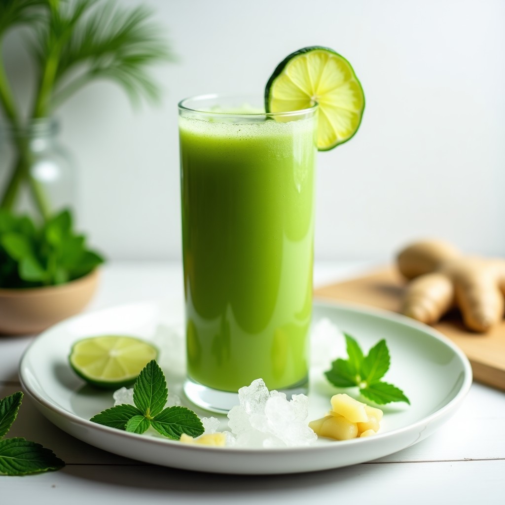 Vaso alto transparente con jugo detox de color verde claro, servido con hielo y decorado con hojas de menta fresca. Al fondo, ramas de apio, rodajas de pepino y un trozo de jengibre sobre una tabla de madera rústica.