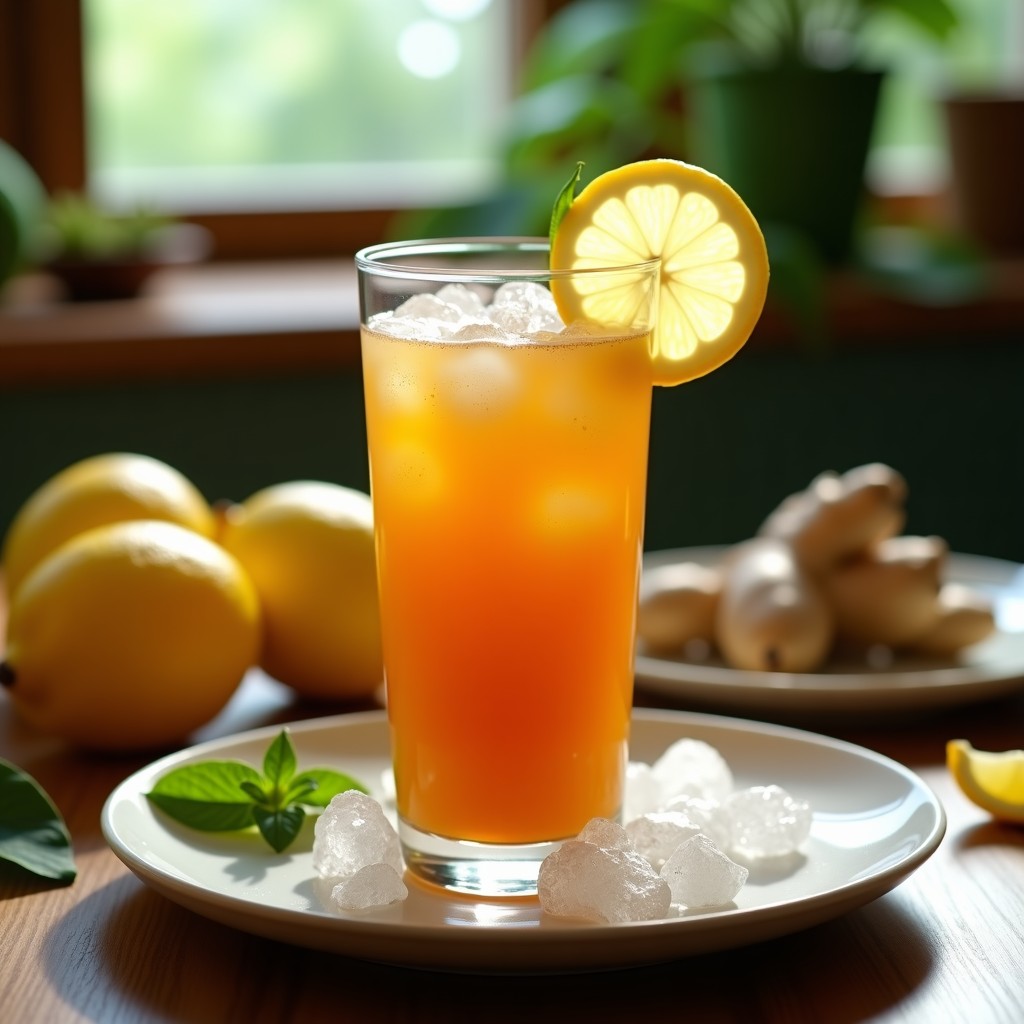 Vaso alto de cristal con jugo de noni, jengibre y limón, de color ámbar turbio, servido con hielo y una rodaja de limón en el borde. Fondo de hojas de plátano y frutos de noni frescos sobre una mesa de madera rústica.