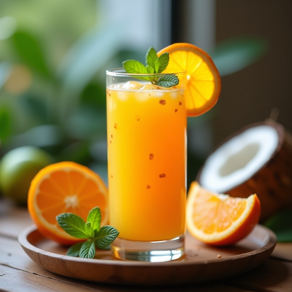 Vaso alto transparente con jugo de noni y naranja antioxidante, de color ámbar intenso con trozos de pulpa visible, decorado con una rodaja de naranja y hojas de menta fresca sobre una mesa de madera rústica con fondo desenfocado.