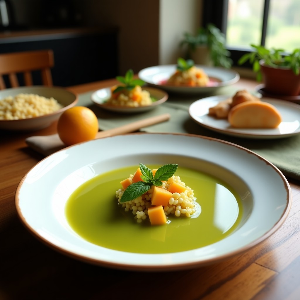 Vaso alto transparente con jugo verde vibrante de apio, manzana y jengibre, decorado con rodajas de limón y hojas de menta, sobre fondo de madera rústica con ingredientes frescos alrededor. Bebida detox para la mañana.