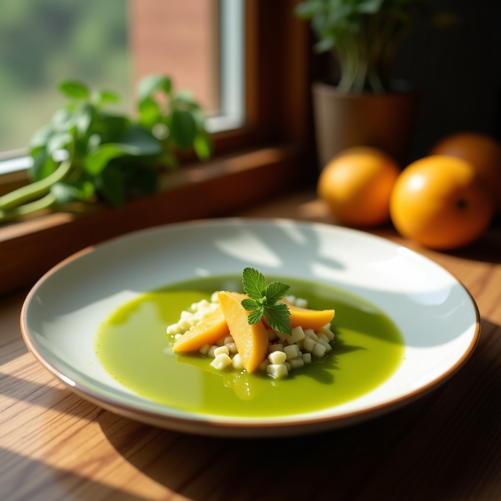 Vaso alto de cristal con jugo verde vibrante de apio, pepino y manzana, decorado con hojas de menta y rodajas de limón, sobre fondo de madera clara con ingredientes frescos alrededor.