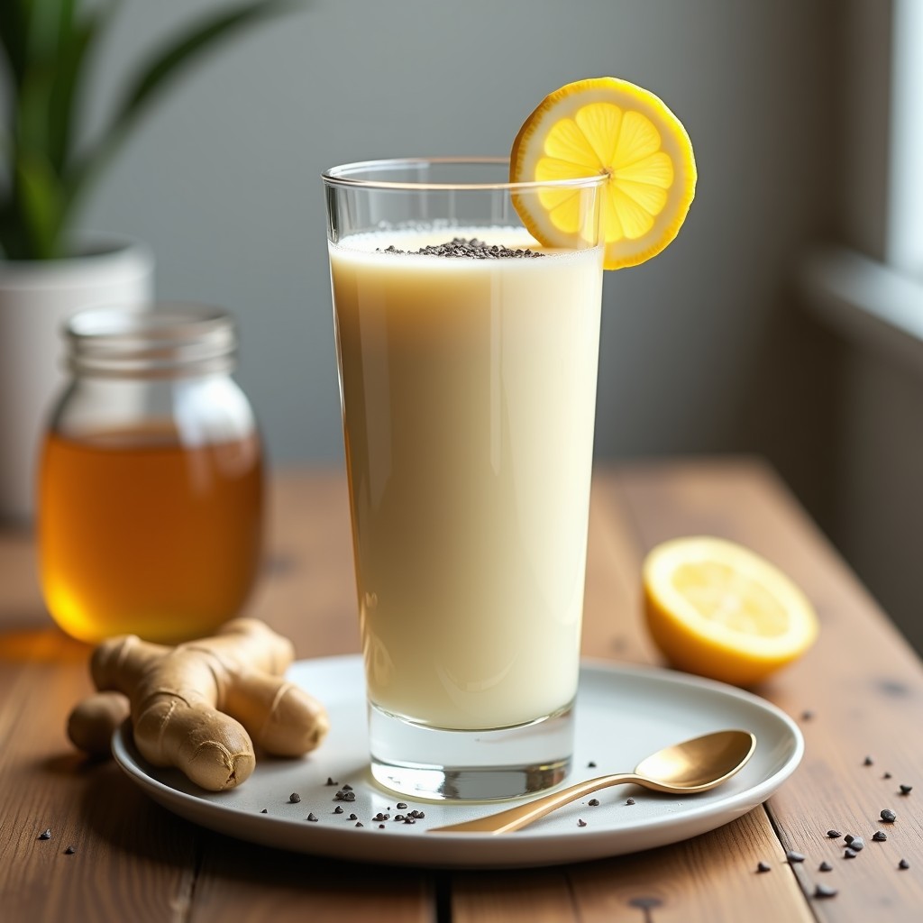 Vaso alto transparente con bebida cremosa de kéfir de leche, miel de Manuka y jengibre, decorado con una rodaja de limón y semillas de chía, sobre una mesa de madera con ingredientes al fondo.