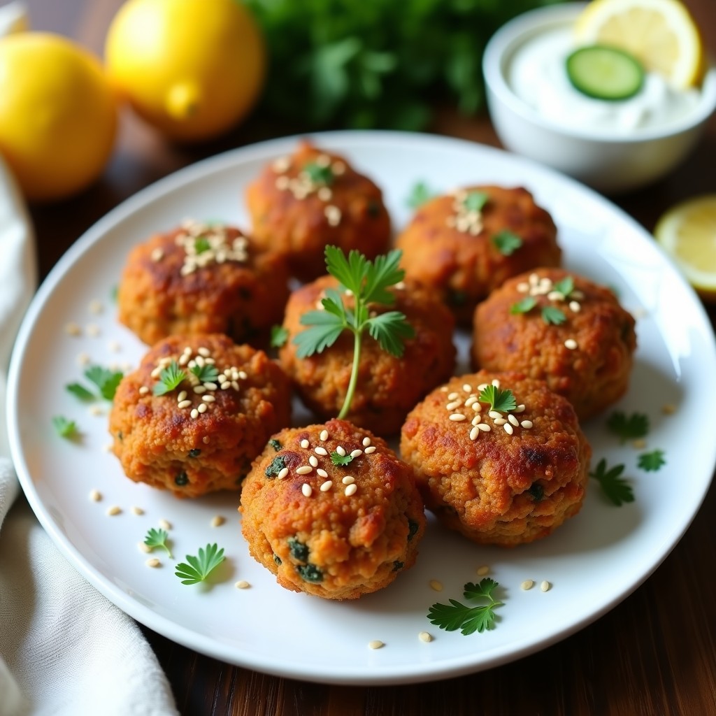 Keftedes de lentejas rojas y calabacín veganas en airfryer, doradas y crujientes, servidas en plato blanco con tzatziki y hierbas frescas, receta griega saludable.