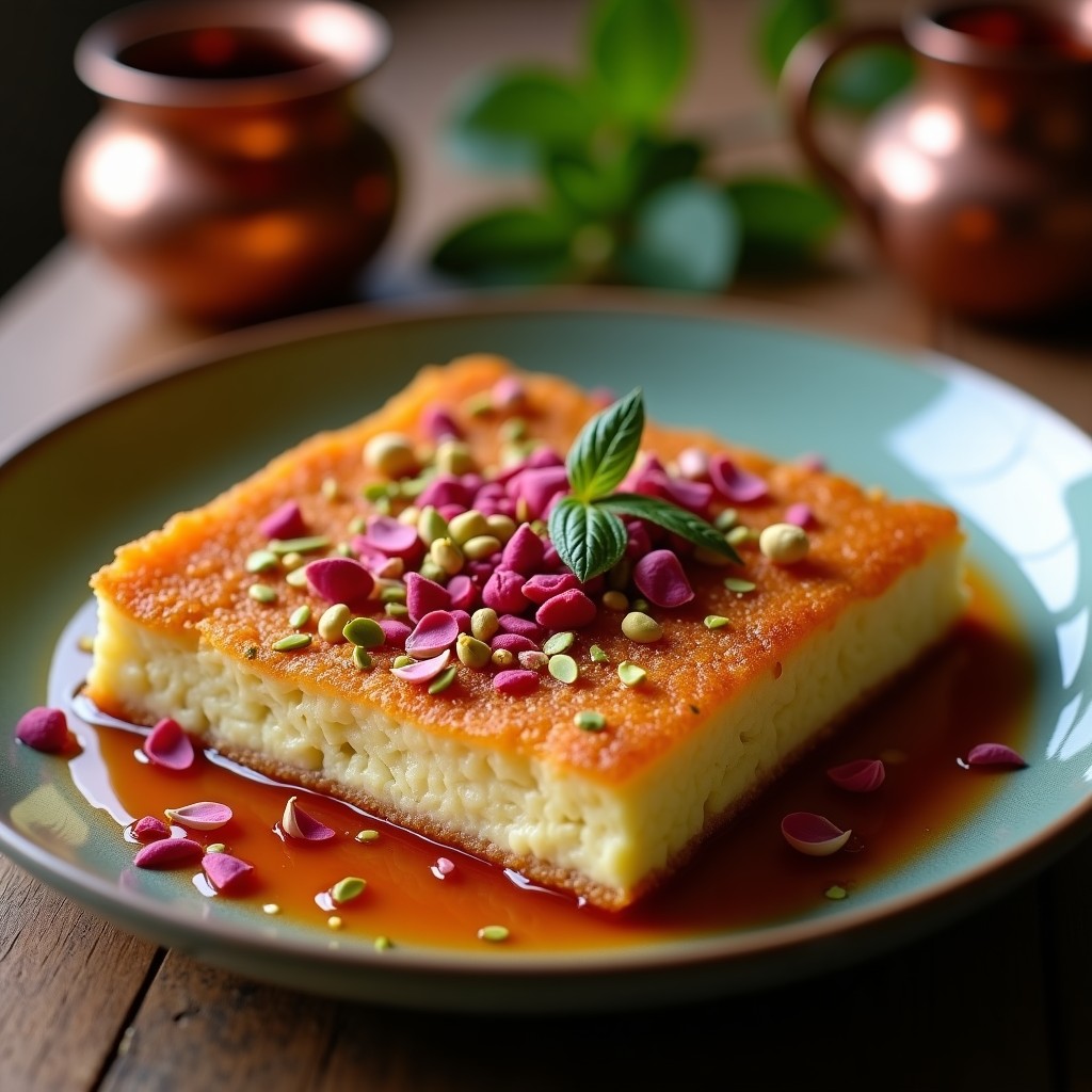 Knafeh vegano recién horneado en molde rectangular, con capas doradas de sémola tostada y relleno cremoso de queso de anacardos. Bañado en jarabe de rosa brillante y decorado con pistachos picados verdes. Postre árabe sin lácteos con aroma a agua de rosas.