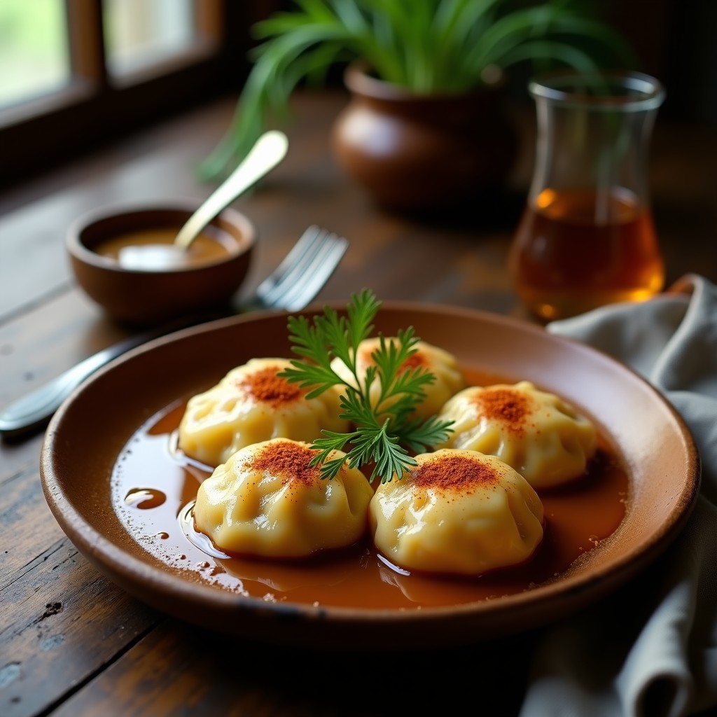 Knödel de col y champiñones veganos servidos en un plato de cerámica blanca, con un fondo de chucrut y champiñones dorados, bañados en un caldo ligero. Receta alemana tradicional adaptada en olla lenta.