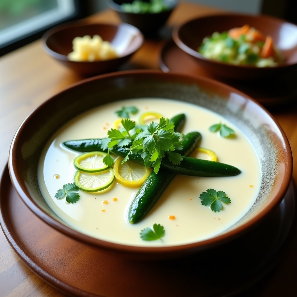 Cuenco hondo de cerámica negra con laksa tailandesa keto: tiras de calabacín verde en un caldo cremoso de leche de coco, decorado con hojas de menta y rodajas de lemongrass. Plato vibrante con toques de cebolla morada y champiñones shiitake.