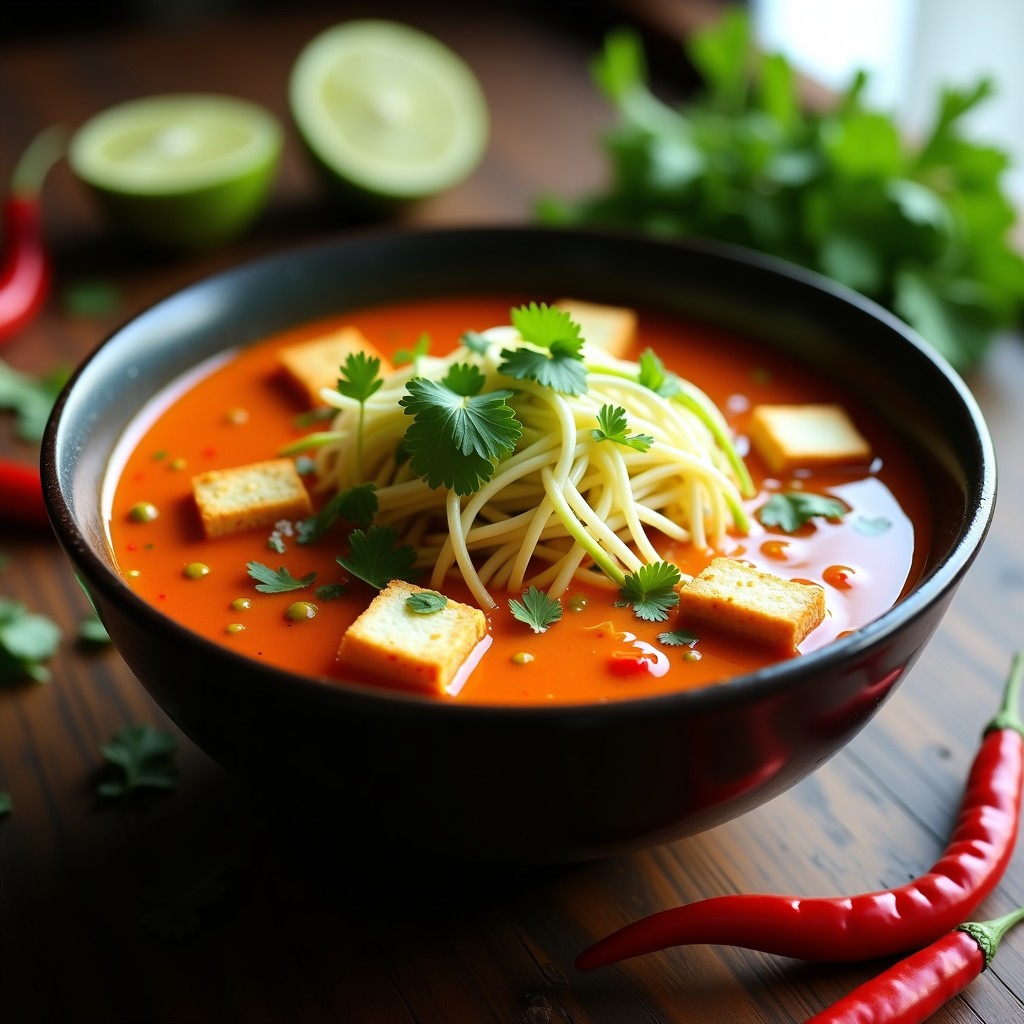 Cuenco hondo de cerámica oscura con Laksa de Calabacín y Tofu vegana y picante, calabacín en espiral, tofu dorado, brotes de soja y cilantro fresco, sobre fondo rústico con rodajas de limón y chiles rojos.