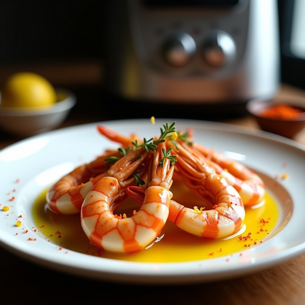 Cazuela de barro con langostinos al ajillo bañados en una salsa dorada de aceite de oliva, ajo y Pimentón de la Vera, decorados con perejil fresco. Plato típico español preparado en Thermomix, con textura jugosa y aroma ahumado.