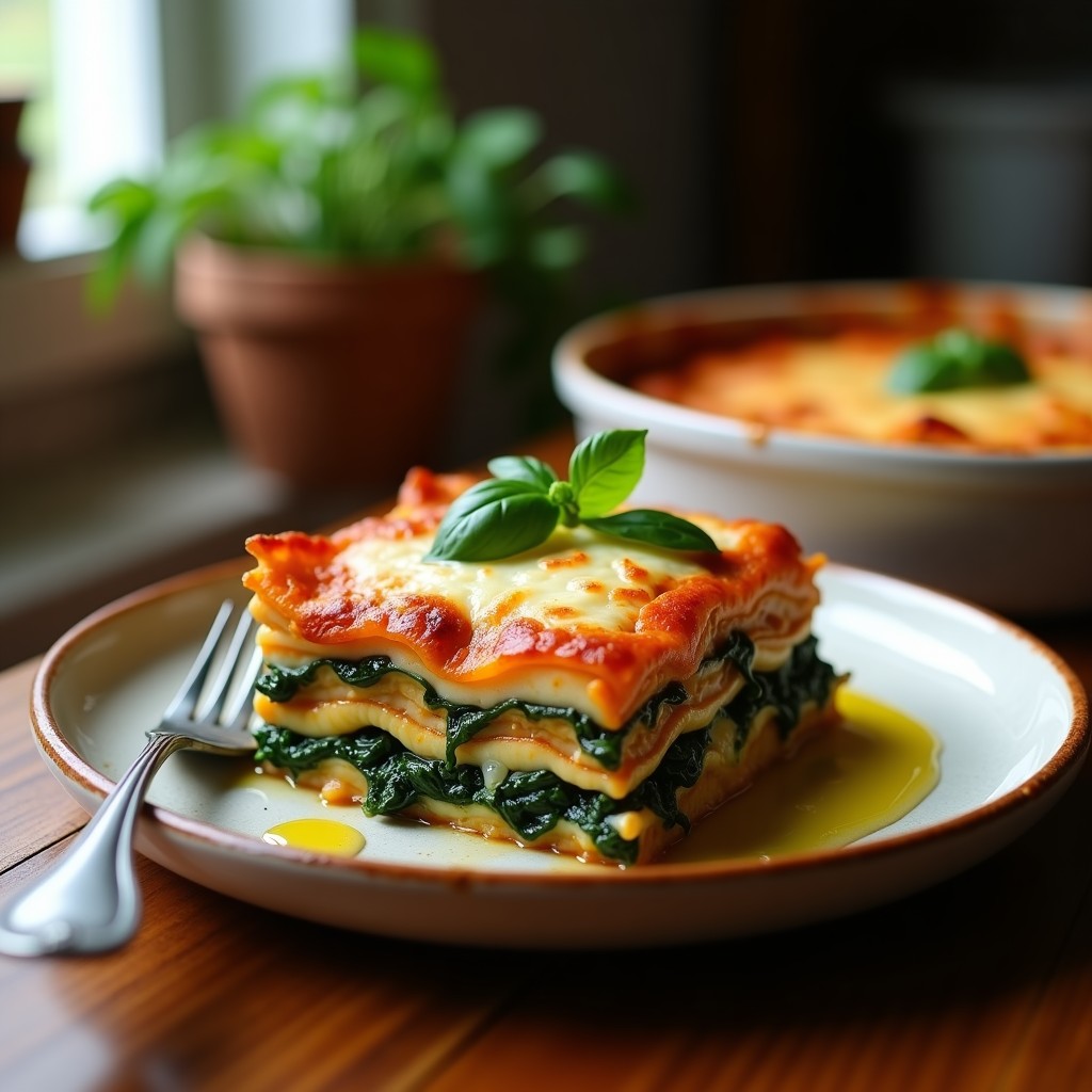 Lasagna vegana en fuente de horno con capas visibles de berenjena asada, queso de cashew cremoso y salsa de tomate, decorada con hojas de albahaca fresca. Plato italiano sin pasta y alto en proteínas.
