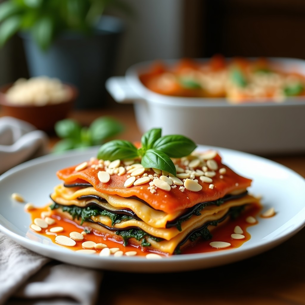 Lasagna keto en airfryer con capas de berenjena asada, queso de almendras cremoso y salsa de espinacas y tomate, dorada y burbujeante, servida en molde rústico con hojas de albahaca fresca.