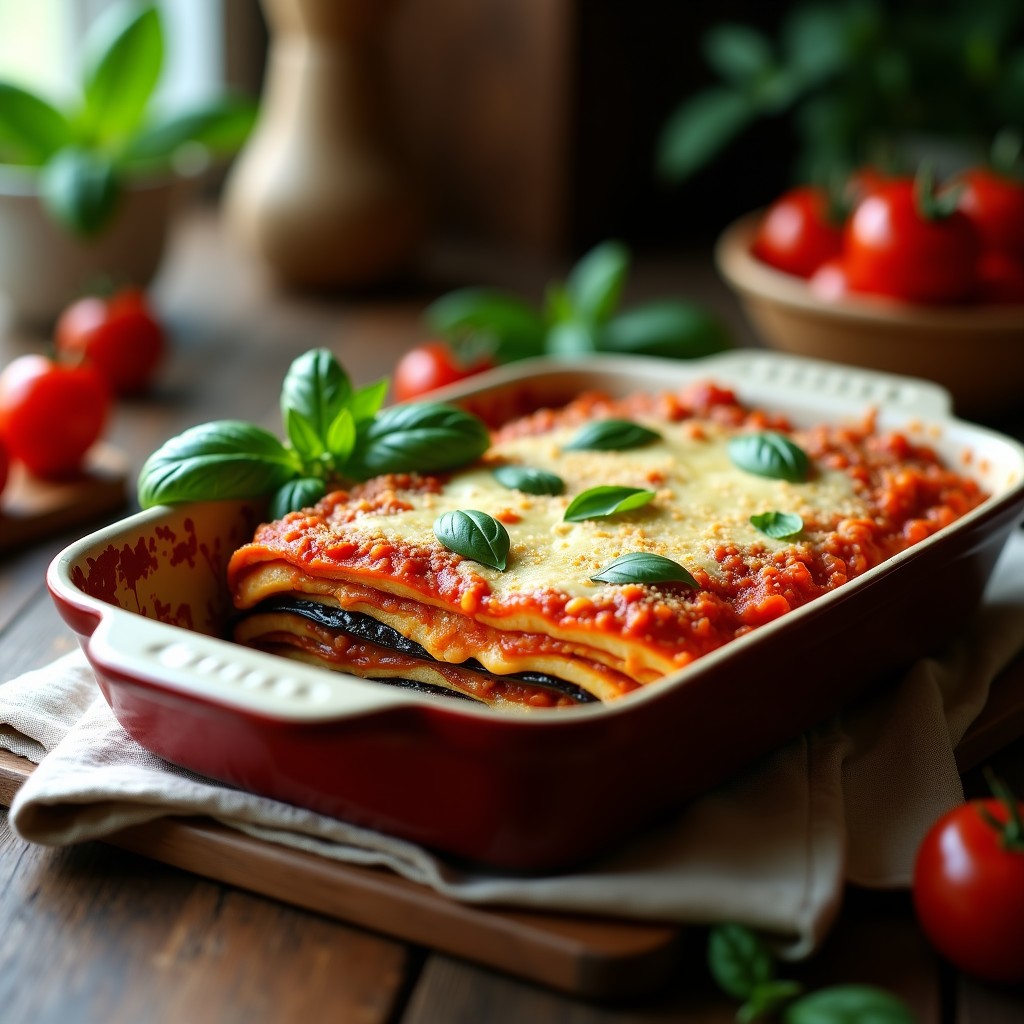 Fuente de horno rectangular con lasagna vegana sin pasta, capas visibles de berenjena asada dorada, tofu desmenuzado y salsa de tomate casera, gratinada con queso vegano de anacardos. Acompañada de hojas de albahaca fresca y rodajas de tomate cherry para decorar.